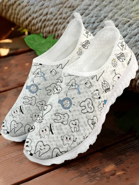 White Cartoon Teeth Print Mesh - Women Shoes Tennis recension och pris