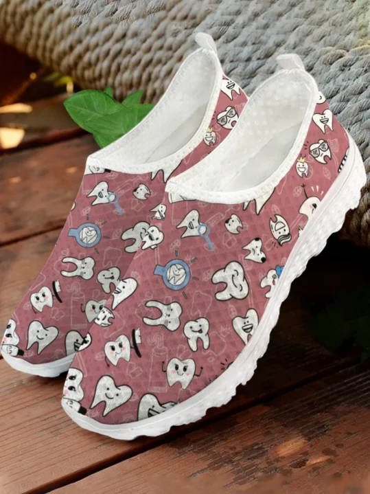 White Cartoon Teeth Print Mesh - Women Shoes Tennis recension och pris